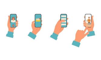 Set of images of hands holding a smartphone. Call, new email, chat, blog. Flat style. Vector illustration