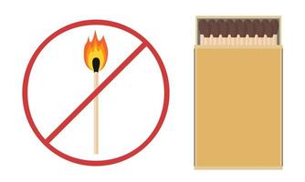 Prohibición del uso de fuego abierto. un fósforo con una llama detrás de la señal de prohibición. prevención de fuego. estilo plano ilustración vectorial vector