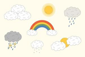 Cartoon weather set. Sun, cloud, rain, lightning, snow. Vector illustration