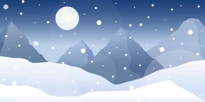 Winter night landscape with snow and mountains. Vector illustration