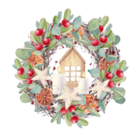 Christmas wreath with botanical plants, stars, candles, berry. png