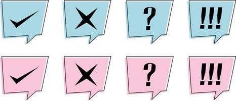 Set of speak bubble, Correct, incorrect, question mark, and exclamation mark on light blue and pink bubbles vector