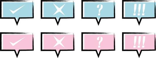 Outline stroke with a speech bubble with Correct, incorrect, question marks, and exclamation marks on light blue and pink bubbles vector