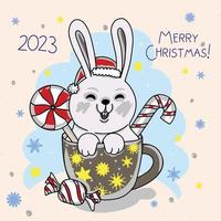 lindo conejito en una taza con dulces, preparación para feliz navidad vector
