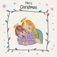 Beautiful mother and son, family, decorations, garlands and snowflakes vector