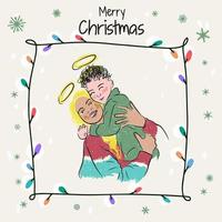 Merry Christmas, hand drawn illustration of a young mother in a bright sweater and son, family vector