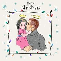 Merry Christmas, hand drawn, illustration of a young father with his daughter in his arms, family vector