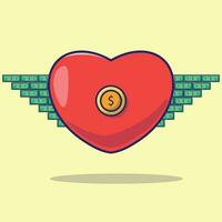 Simple cartoon illustration of a coin heart with dollar bill wings. Business concept vector