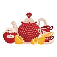 Tea party collection. Porcelain teapot, cups, berry jam and lemon. vector