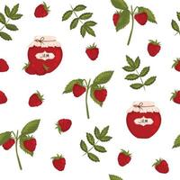 Seamless spring pattern of strawberries, raspberries, branches of green leaves and jars of jam white background. vector