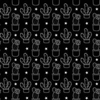 Seamless pattern with cute hand-drawn cacti black background. vector