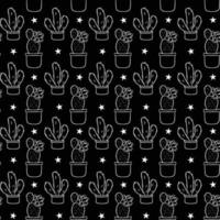 Seamless pattern with cute hand-drawn cacti black background. vector