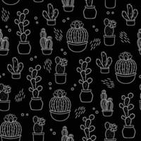 Seamless pattern with cute hand-drawn cacti black background. vector