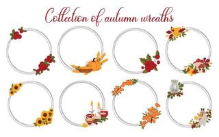 Set autumn wreaths with berries, sunflowers, mushrooms, pumpkins, forest animal elements for tea drinking and autumn leaves, with space for text. Vector illustration isolated white background.