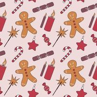 Christmas hand drawn flat seamless pattern with gingerbread cookie and firecracker vector
