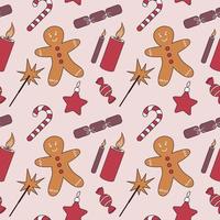 Christmas hand drawn flat seamless pattern with gingerbread cookie and firecracker vector