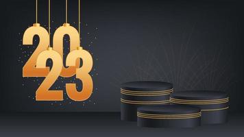 Happy new year 2023 text typography design with podium for product display vector