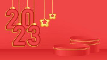 Happy new year 2023 text typography design with podium for product display vector