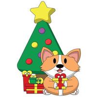 lindo perro corgi y árbol de navidad y caja de regalo en color vector