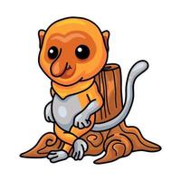 Cute little proboscis monkey cartoon leaning in tree stump vector