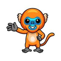 Cute little golden monkey cartoon waving hand vector