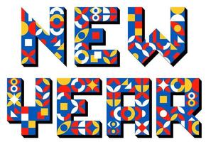 Happy New Year scirpt in brutalism bauhaus style. Simple geometric shapes mondrian neoplasticism colors. Retro stylized mosaic font. Pixel pattern collage. Minimalistic card banner vector illustration