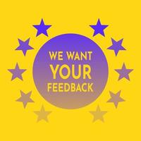 We want your feedback banner written on bubble with five stars quality rate around. Advertising customer review sign. Vector illustration.