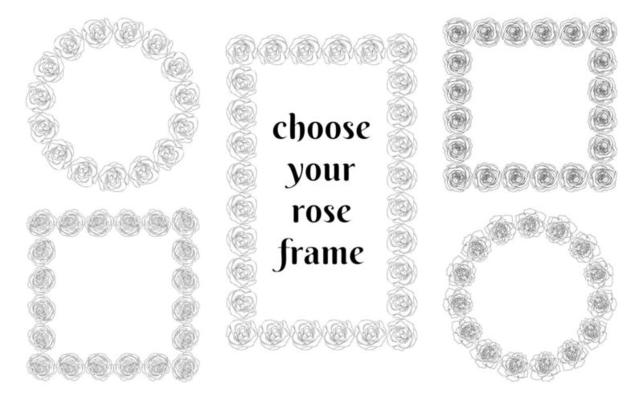 Simple doodle floral frames. Borders from hand drawn sketchy roses collection. Square circle rectangular frame elements. Card banner invitation decor. Vector illustration.