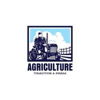 a man driving tractor logo. agricultural farm machine logo design template vector