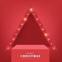 Merry Christmas banner with red product display and Retro light bulbs sign background vector