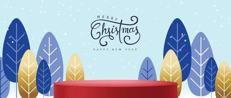 Christmas banner with red product display and Snowy christmas landscape background vector