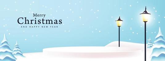 Merry Christmas banner winter landscape background and snow product display cylindrical shape vector