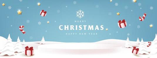 Merry Christmas banner winter landscape background and snow product display cylindrical shape vector