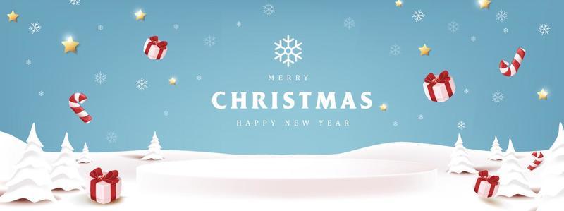Merry Christmas banner winter landscape background and snow product display cylindrical shape