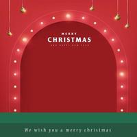 Merry Christmas banner with table product display and Retro light bulbs sign background vector