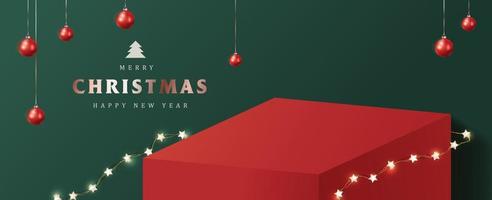 banner de feliz navidad con exhibición de mesa de productos y decoración festiva para navidad vector