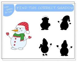 A logical game for children find the right shadow, snowman. vector illustration.