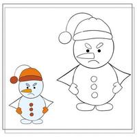 Coloring book for children. Draw a cute cartoon snowman based on the drawing. Vector illustration.