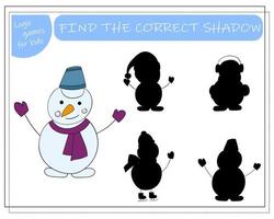 A logical game for children find the right shadow, snowman. vector illustration.