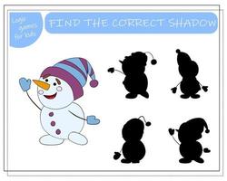 un juego lógico para niños encuentra la sombra correcta, muñeco de nieve. ilustración vectorial vector