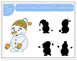 A logical game for children find the right shadow, snowman. vector illustration.