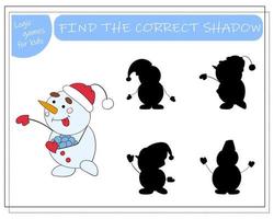 A logical game for children find the right shadow, snowman. vector illustration.