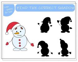 A logical game for children find the right shadow, snowman. vector illustration.