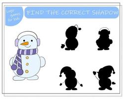 A logical game for children find the right shadow, snowman. vector illustration.