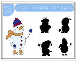 A logical game for children find the right shadow, snowman. vector illustration.
