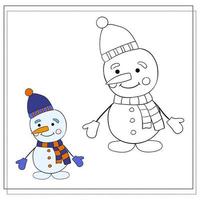 Coloring book for children. Draw a cute cartoon snowman based on the drawing. Vector illustration.