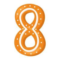 Number eight made from glazed gingerbread. Festive font, symbol of Happy New Year and Christmas, sign and numeral of different shapes. Vector flat illustration