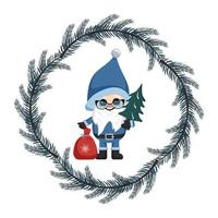 Small winter gnome with long white beard, happy face and gift in fir tree frame. Character for New Year, Christmas and winter design. Vector flat illustration