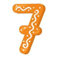 Number seven made from glazed gingerbread. Festive font, symbol of Happy New Year and Christmas, sign and numeral of different shapes. Vector flat illustration