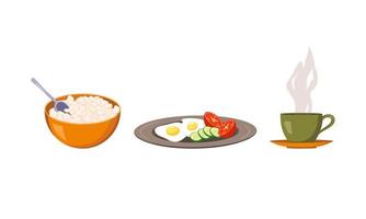 Items of morning routine. Plate with scrambled eggs, tomato and cucumber,  bowl with porridge or cottage cheese, cup of tea or coffee with steam. Dish with breakfast. Vector flat illustration